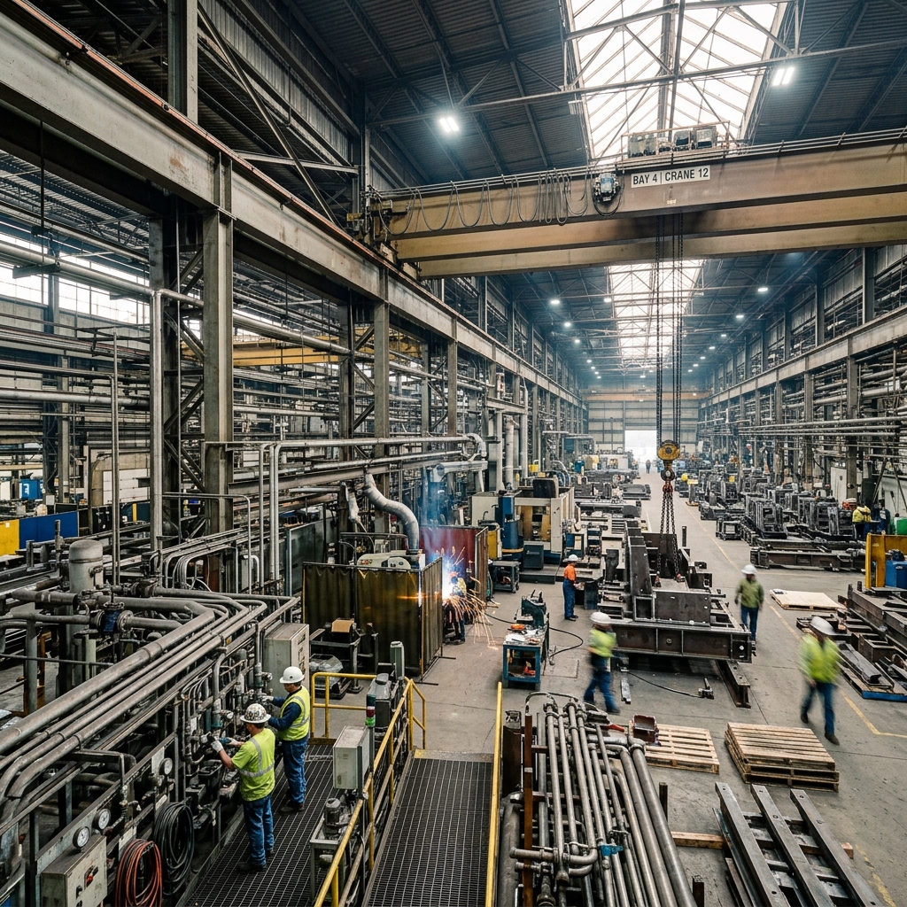 Unité de production industrielle avec réseaux de tuyauteries